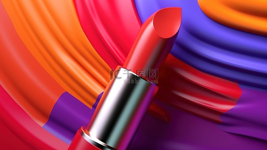 色彩缤纷的背景下充满活力的口红 3D 渲染中的高品质化妆产品