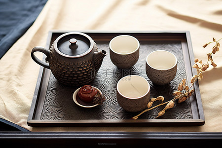 中国风连花背景图片_托盘上有一些中国茶杯碗水罐和碟子