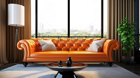 酒店背景背景图片_豪华客厅的 3D 渲染，配有橙色皮革沙发和白色咖啡桌