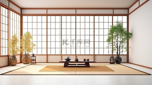 文化墙背景图片_日式房间中的日式室内设计，带有 3D 渲染的白色背景