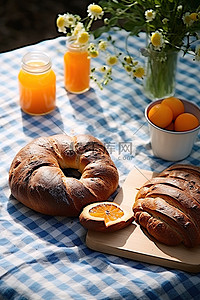 牛油背景图片_野餐桌上烤的面包和水果