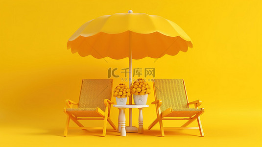 阳光明媚的黄色背景上的沙滩伞和椅子，是最好的夏季度假胜地的简约 3D 插图