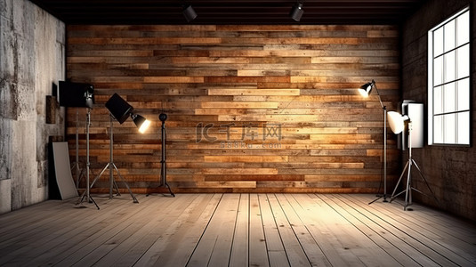 木质摄影背景图片_巨大的摄影工作室配备先进的照明设备和质朴的木质背景 3D 渲染