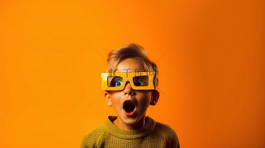 惊讶背景图片_快乐的孩子戴上 3D 眼镜，在黄墙庆祝电影和电影前让小家伙感到惊讶