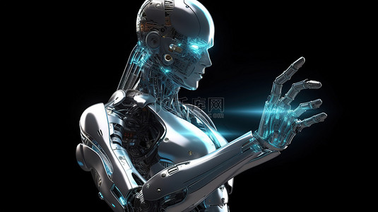女性机器人或机器人科幻人物在 3D 渲染图像中用未来派手指指着