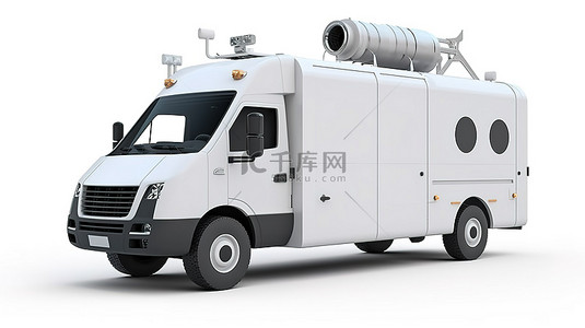 全球商务背景图片_背景为现代卫星广播的白色货运货车的 3D 渲染