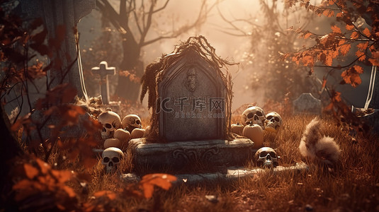 墓地中墓碑和头骨的怪异 3D 渲染，令人难以忘怀的万圣节背景