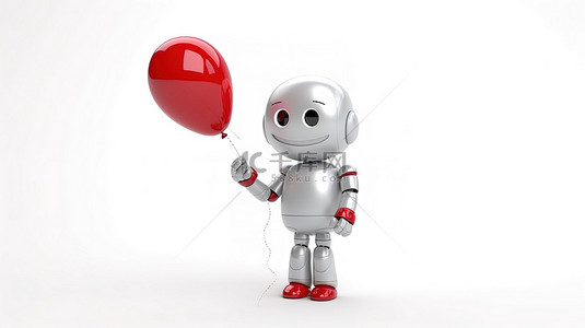 拿着红色气球的机器人阐释了白色背景下用户友好技术的概念