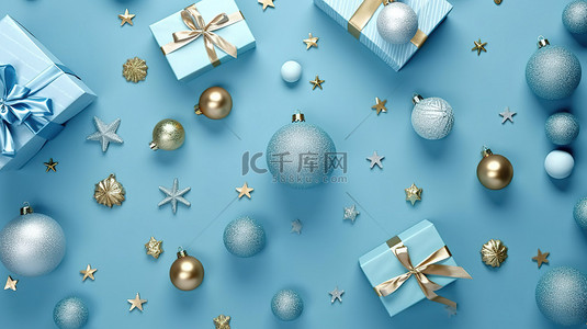 圣诞节明信片背景图片_蓝色工作室背景上的圣诞礼物和球的顶视图非常适合贺卡海报和网站 3D 渲染