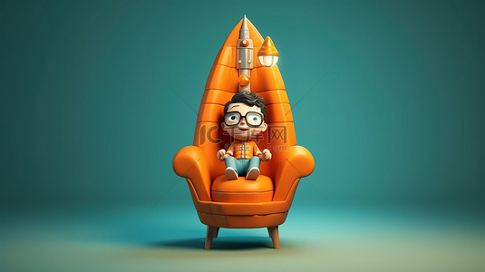 创新创业概念卡通自由职业者在椅子火箭上翱翔，就像 3D 插图中的火箭一样