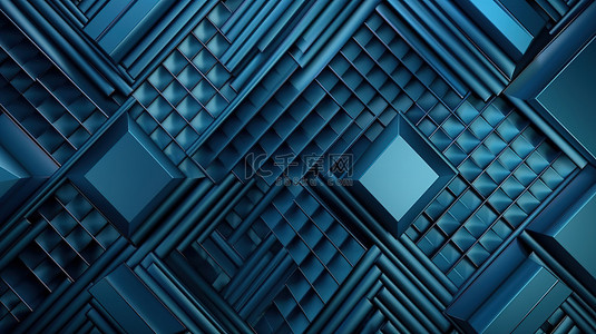 3D 金属蓝色墙壁条纹，在单色背景下具有一组方形形状