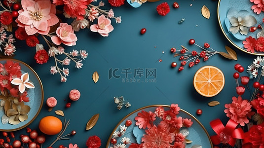 新年的边框背景图片_中国新年平躺边框的 3D 渲染，以金币和花卉装饰为特色