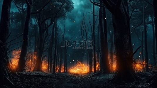 迷人的 3D 插图，展示夜间迷雾笼罩的黑暗森林，有发光的萤火虫和高耸的黑色树干