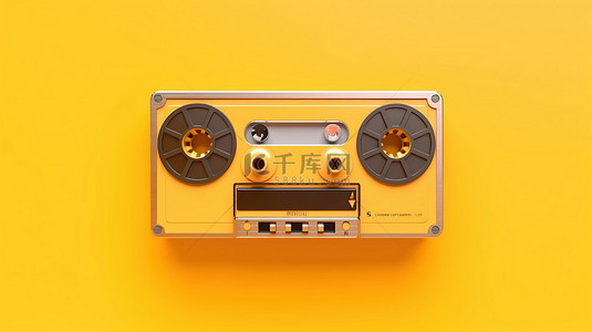 音频专辑背景图片_3D 渲染卡通风格黄色音频播放器，背景为盒式磁带