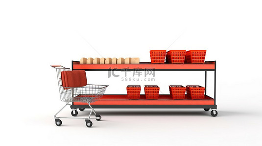 荒凉的零售货架和孤独的购物车以 3D 形式描绘，与白色背景隔离