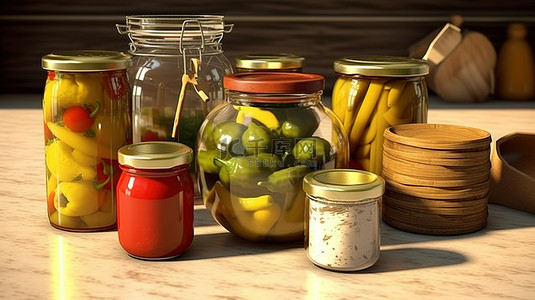 厨师卡通背景图片_3d 渲染罐装满厨房用具油和罐头蔬菜
