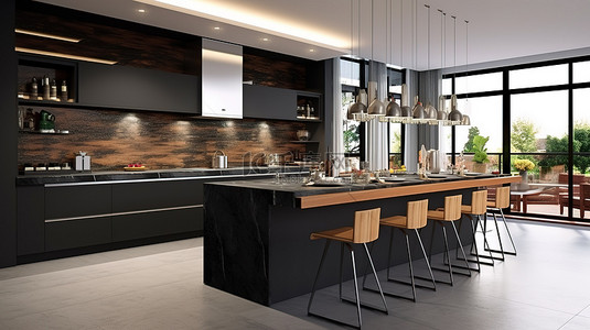 时尚的厨房，配有 3D 渲染的黑色 Maramor 吧台