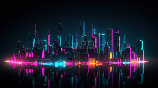 城市中心背景图片_抽象城市景观 3d 渲染中充满活力的霓虹灯摩天大楼