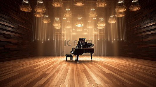 音乐琴键背景图片_带有照明背景的木制舞台上钢琴的 3D 渲染