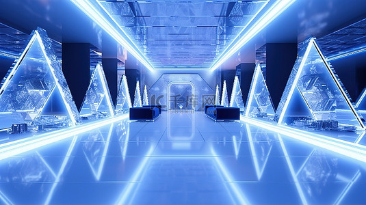 明亮的蓝色和白色房间内部配有耀眼的钻石装饰和霓虹灯 3D 渲染