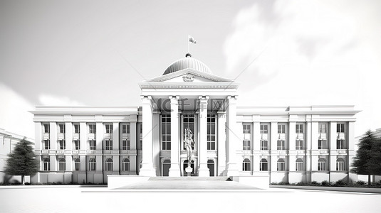 白色背景市政厅建筑公共政府大楼的 3D 渲染