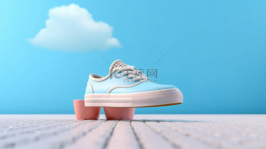 蓝色鞋子背景图片_柔和的背景 3D 渲染中的简约夏季别致蓝色鞋子