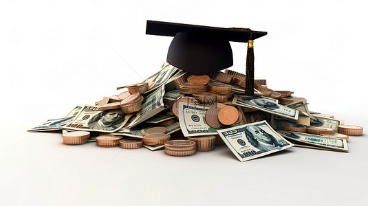 大学毕业背景图片_3d 渲染的毕业帽，白色背景上有一堆钱