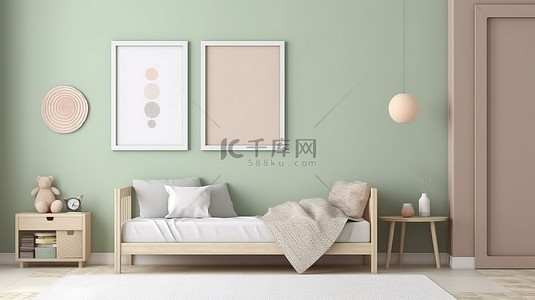 风格家具海报背景图片_斯堪的纳维亚风格的儿童卧室内配有绿色墙壁的海报框架展示的 3D 渲染模型
