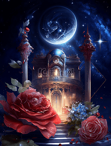 梦幻卡通城堡背景图片_梦幻夜晚星空玫瑰花卉城堡油画装饰画背景