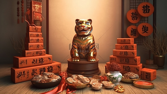 虎三生肖 3D 渲染庆祝活动，背景为财富和礼物，以书法为吉祥物