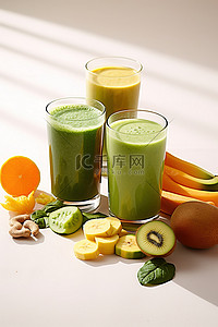 新鲜绿色水果背景图片_一杯绿色冰沙和其他水果的图像