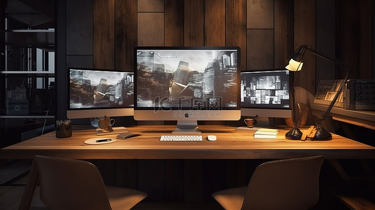 现代工作空间，以木质细节和计算机为特色，配有加密货币网站设计 3D 渲染