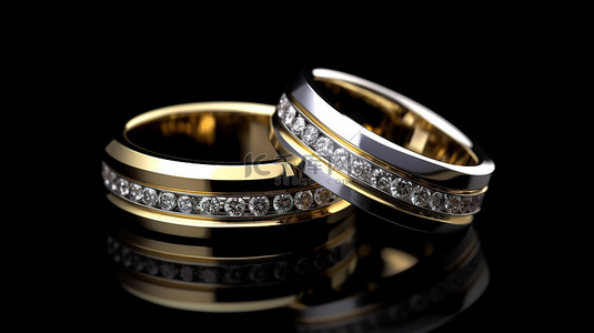 婚礼情侣背景图片_黑色背景上孤立的金银钻石情侣戒指的 3D 渲染