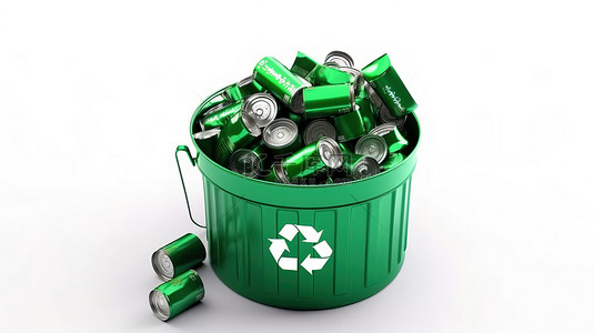 堆放在绿色桶中的可回收电池的 3D 渲染，白色背景上带有回收符号