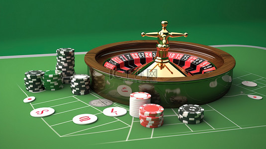 赌场轮盘赌的 3D 描述，配有骰子扑克筹码和绿色背景下的扑克牌