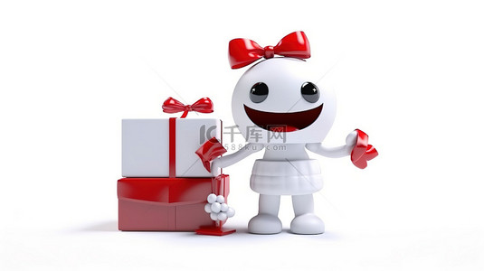 角色吉祥物的 3D 渲染，拿着酒店服务铃，白色礼品盒和白色背景上的红丝带
