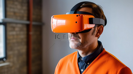 一位土木工程师戴着橙色安全帽和 3D 虚拟现实眼镜的高质量照片