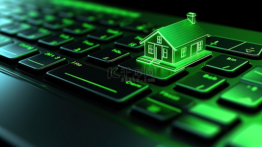 键盘上温室的 3D 渲染象征着在线商业概念