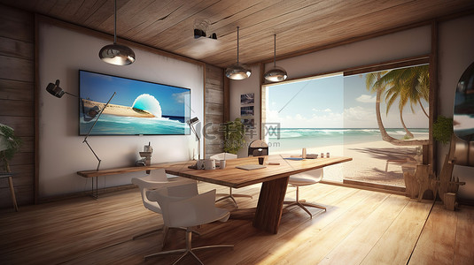 热带海滩办公室非常规工作空间的 3D 渲染