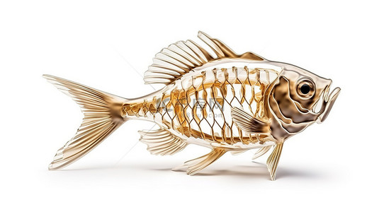 白色背景下独特风格的鱼骨架的 3D 插图