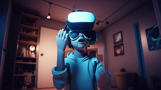 虚拟现实游戏玩家可爱的 3D 角色在 VR 眼镜中玩电子游戏