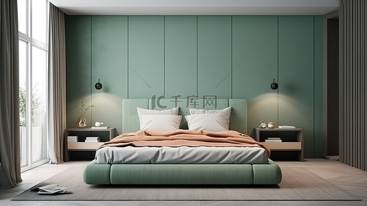 衣柜绿色背景图片_斯堪的纳维亚风格最小卧室样机灰色床靠在宁静的绿色墙壁上，配有步入式衣柜 3D 渲染