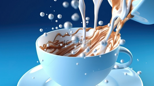 蓝色背景下将牛奶倒入白咖啡杯中的 3D 渲染