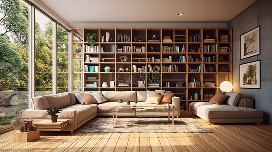 宽敞明亮的客厅，配有舒适的沙发木地板书架咖啡桌和自然光 3D 渲染