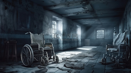 医院房间背景图片_令人毛骨悚然的医院病房场景与轮椅脊柱令人毛骨悚然的 3D 渲染
