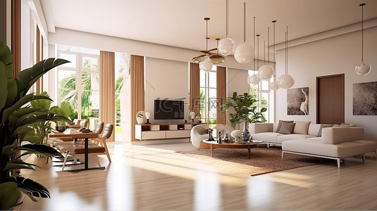 中家具背景图片_联排别墅中的现代有机生活空间 3D 渲染室内设计