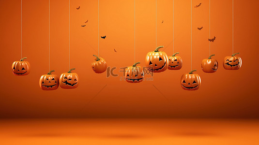 节日橙色背景图片_橙色背景下漂浮的万圣节南瓜横幅的 3d 插图