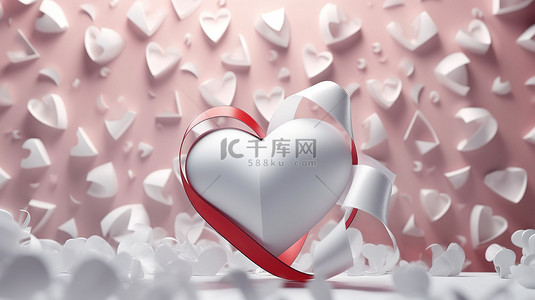 浪漫折纸背景图片_浪漫的折纸，白色的心和纸丝带，在快乐的情人节背景上，通过 3D 渲染创建爱情象征