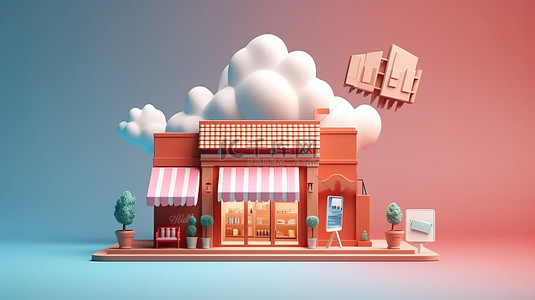 商城流程背景图片_基于云的移动商店在线购物的 3D 渲染