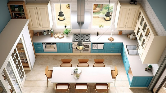 现代厨房设计自上而下的 3D 渲染，具有经典的触感和简洁的线条